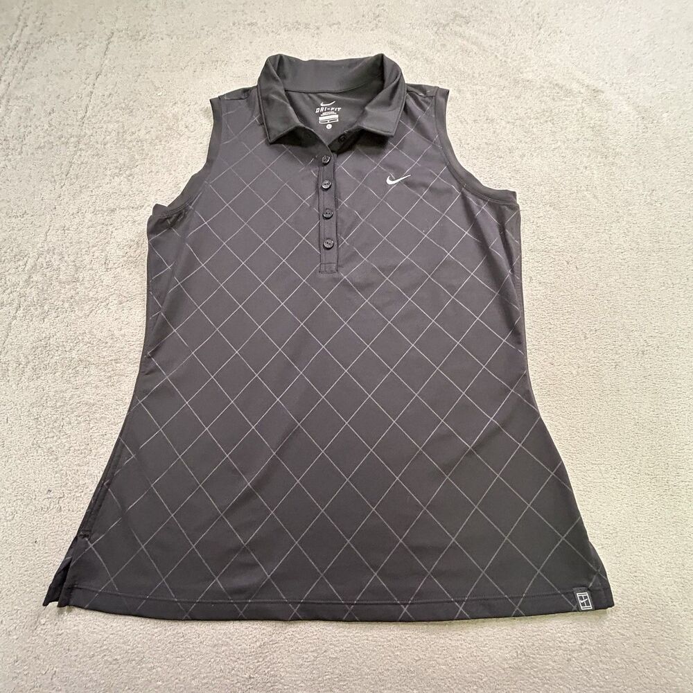 Nike Tennis Polo Shirt Womens L Black Dri-FIT Diamond Geometric Sleeveless Golf